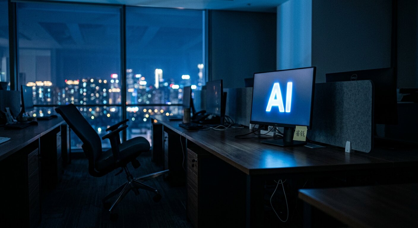 一个空工位,桌上一台显示器显示着 AI 字样,旁边是一张写着「省钱」的便签